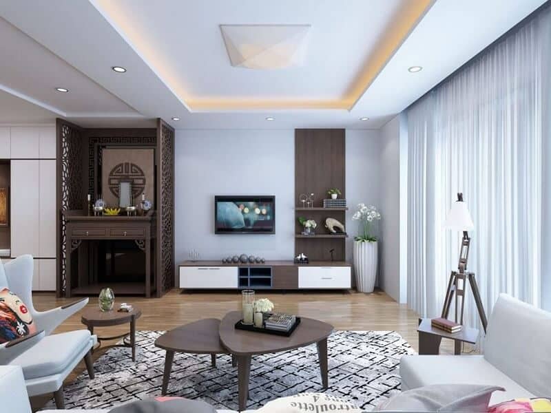 Không gian sống lý tưởng với thiết kế phòng khách chung cư có bàn thờ Bạch Mai